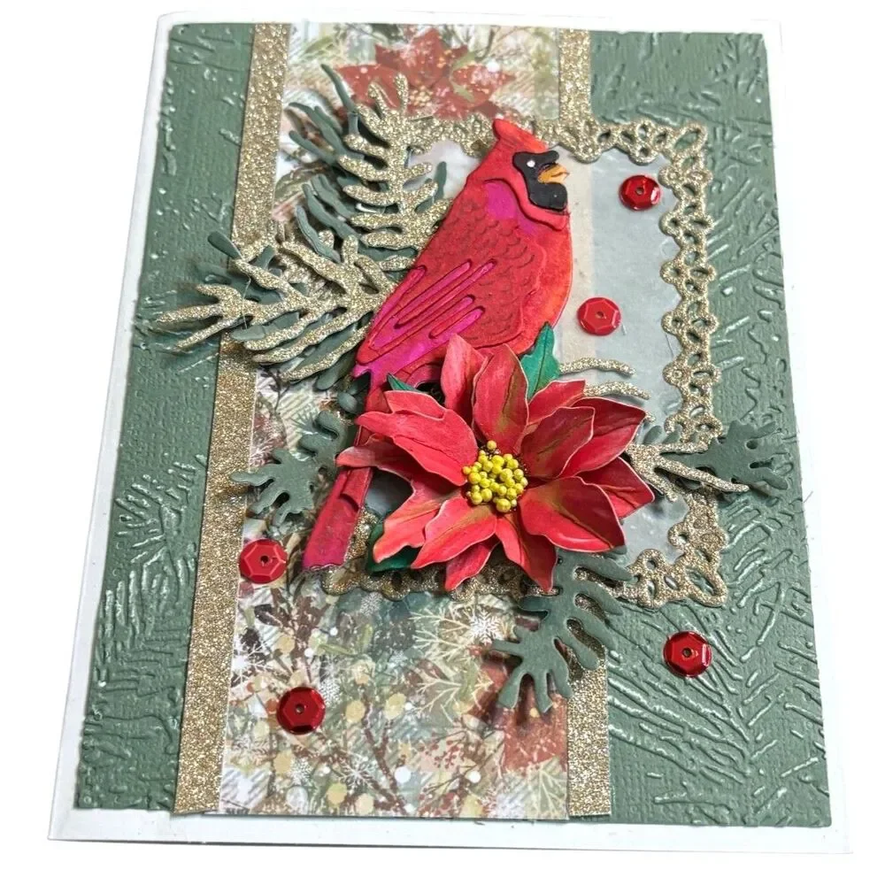 Handmade 3D Cardinal Christmas Card Gold Green Holiday Seasonal Greetings